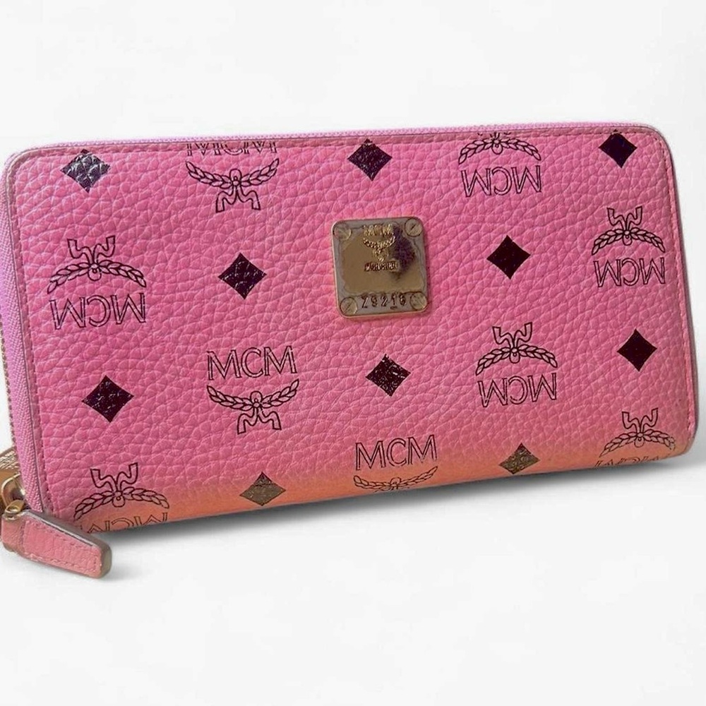 MCM Pink Visetos Zip Around Wallet -Logo Print Leather Large Wallet